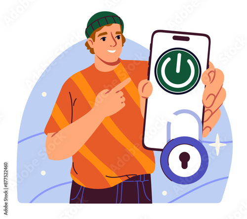 Man turn on smartphone. Young guy in trendy clothes turns on phone. Digital detox and mental health care. Quitting social networks. Flat vector illustration isolated on white background