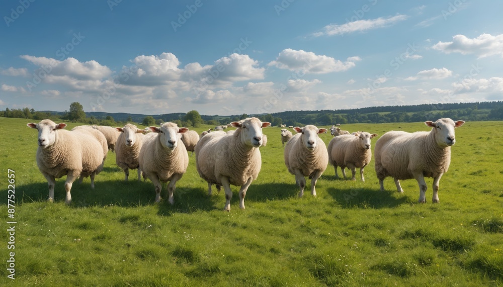 A flock of sheep graze under a cloudy afternoon sky A flock of sheep graze under a cloudy afternoon sky