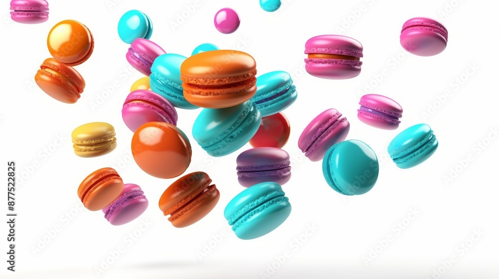 Vibrant macarons floating in air on white background concept of sweet desserts 3d render Vibrant macarons floating in air on white background concept of sweet desserts 3d render