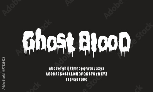 Halloween font. Horror alphabet letters written blood, scary bleed font or evil night wet bloody autumn wet paint text, calligraphy isolated vector symbols illustration