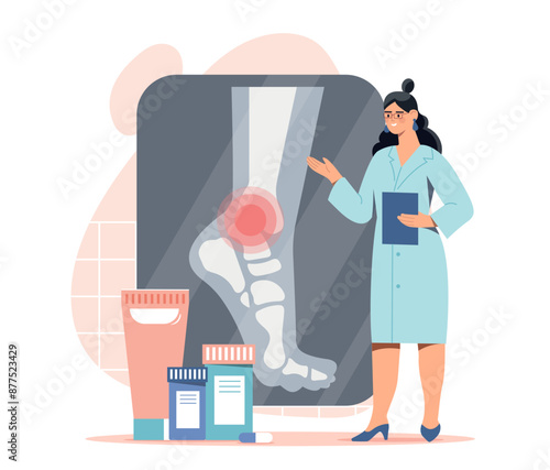 Traumatologist with xray. Young girl in medical uniform with xray image of leg. Traumatology and rheumatology. Health care and medicine, diagnosis and treatment. Cartoon vector illustration