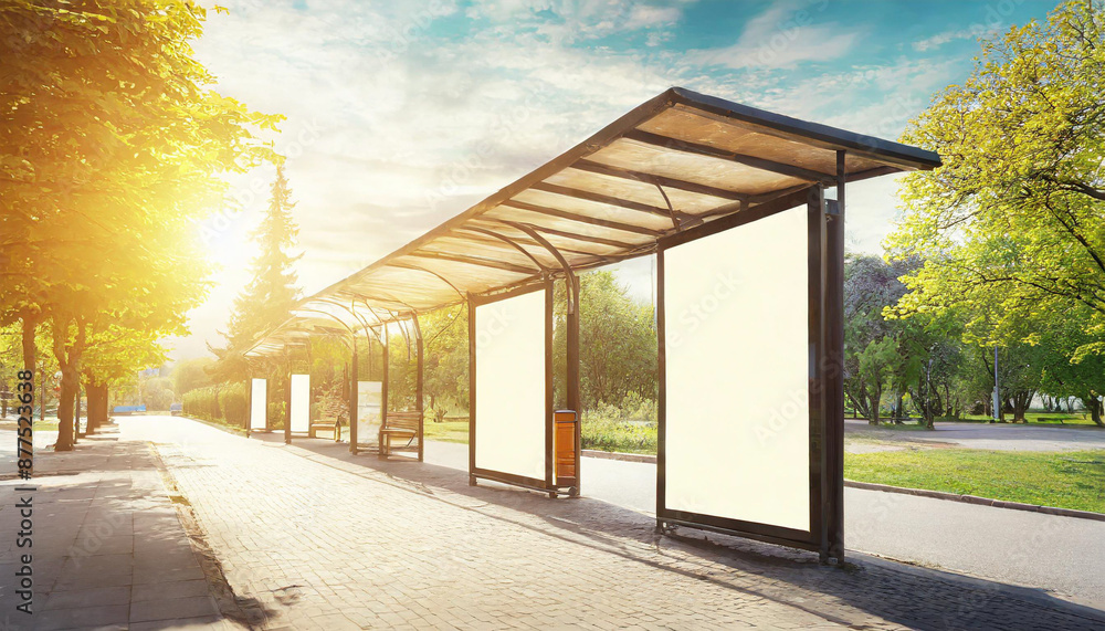 White bus stop billboard poster in a station with cars in moving in the background, Front view, mockup concept blank poster, city traffic White bus stop billboard poster in a station with cars in moving in the background, Front view, mockup concept blank poster, city traffic