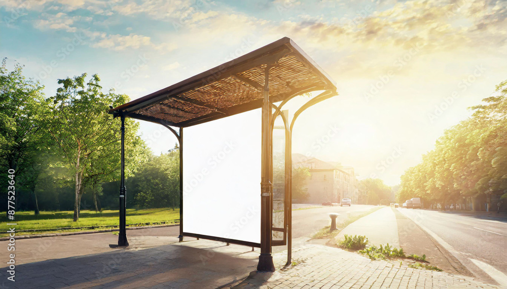 White bus stop billboard poster in a station with cars in moving in the background, Front view, mockup concept blank poster, city traffic White bus stop billboard poster in a station with cars in moving in the background, Front view, mockup concept blank poster, city traffic