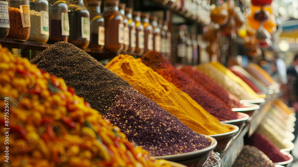 Piles of colorful spices and herbs attract buyers in a bustling market, representing a rich tapestry of culinary culture. Piles of colorful spices and herbs attract buyers in a bustling market, representing a rich tapestry of culinary culture.