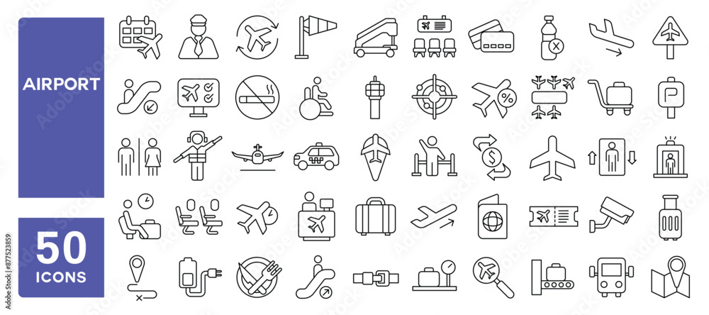 Set of 50 line icons related to airport, plane, baggage, ticket, transport, terminal, boarding pass, traveler, Editable stroke. Vector illustration Set of 50 line icons related to airport, plane, baggage, ticket, transport, terminal, boarding pass, traveler, Editable stroke. Vector illustration