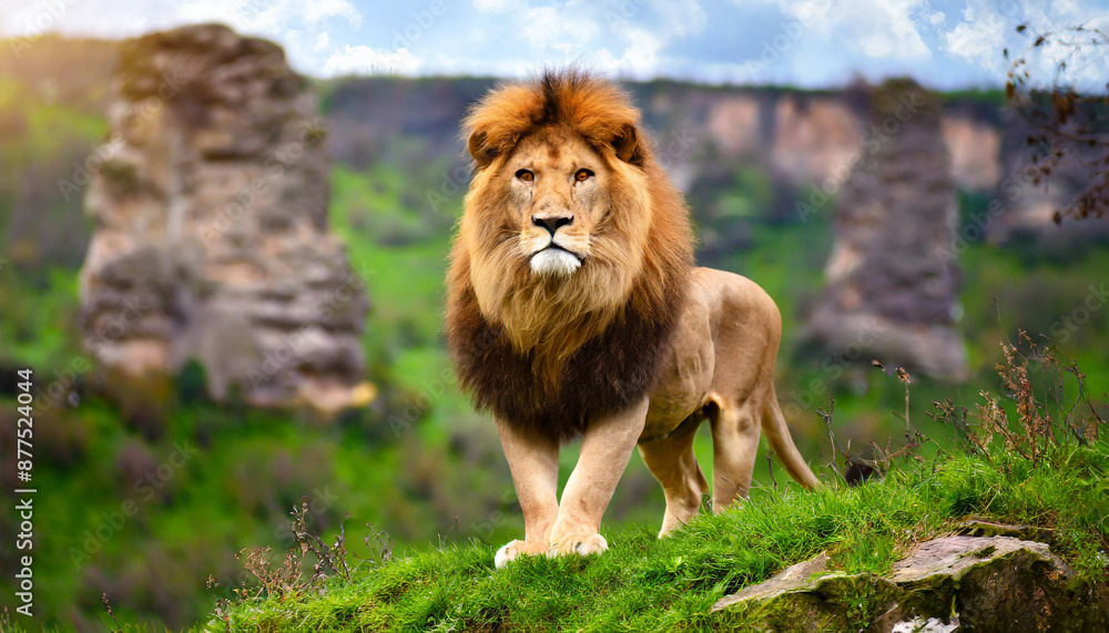 Strong and confident lion on a hill Lioness relaxing on the rock with blue sky in background African Lion Standing on Mossy Rock Strong and confident lion on a hill Lioness relaxing on the rock with blue sky in background African Lion Standing on Mossy Rock
