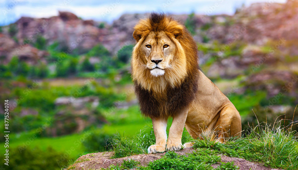 Strong and confident lion on a hill Lioness relaxing on the rock with blue sky in background African Lion Standing on Mossy Rock Strong and confident lion on a hill Lioness relaxing on the rock with blue sky in background African Lion Standing on Mossy Rock