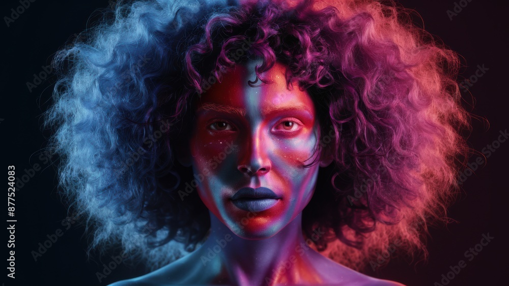 A woman with a colorful face and hair in two different colors, AI