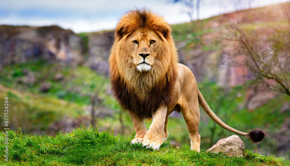 Strong and confident lion on a hill Lioness relaxing on the rock with blue sky in background African Lion Standing on Mossy Rock Strong and confident lion on a hill Lioness relaxing on the rock with blue sky in background African Lion Standing on Mossy Rock