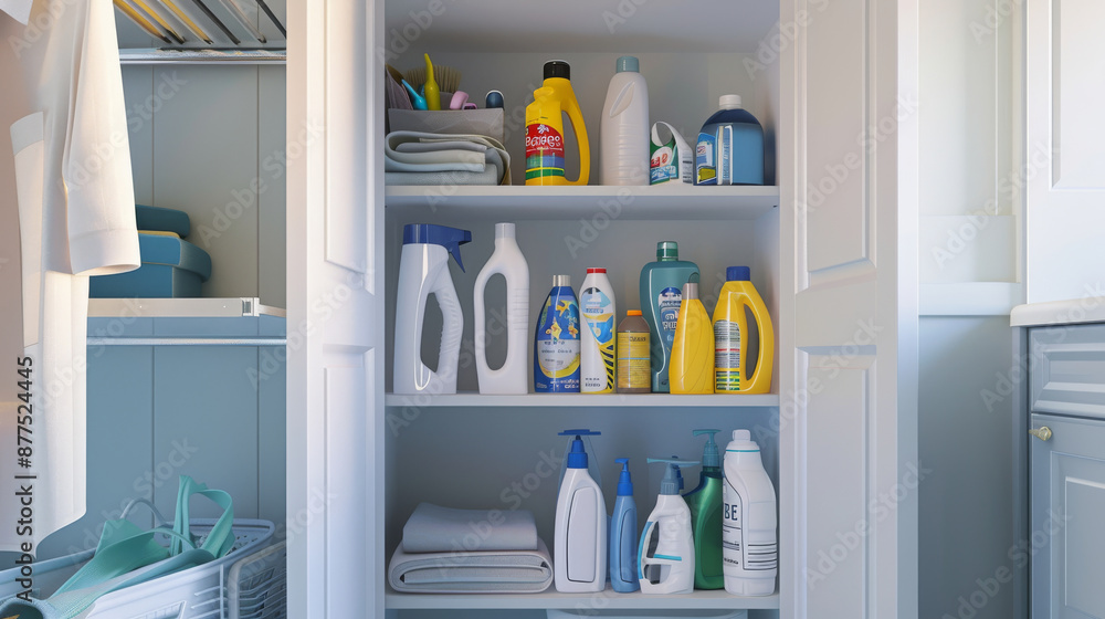 A clean storage rack inside a closet reveals an assortment of cleaning products, arranged efficiently to maintain an orderly and spotless home. A clean storage rack inside a closet reveals an assortment of cleaning products, arranged efficiently to maintain an orderly and spotless home.