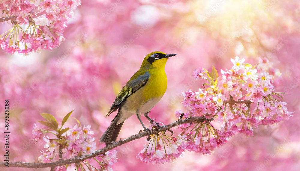 Flock of birds are singing happily on the branches of a tree with spring flower blossoms and sun light , spring season background Flock of birds are singing happily on the branches of a tree with spring flower blossoms and sun light , spring season background