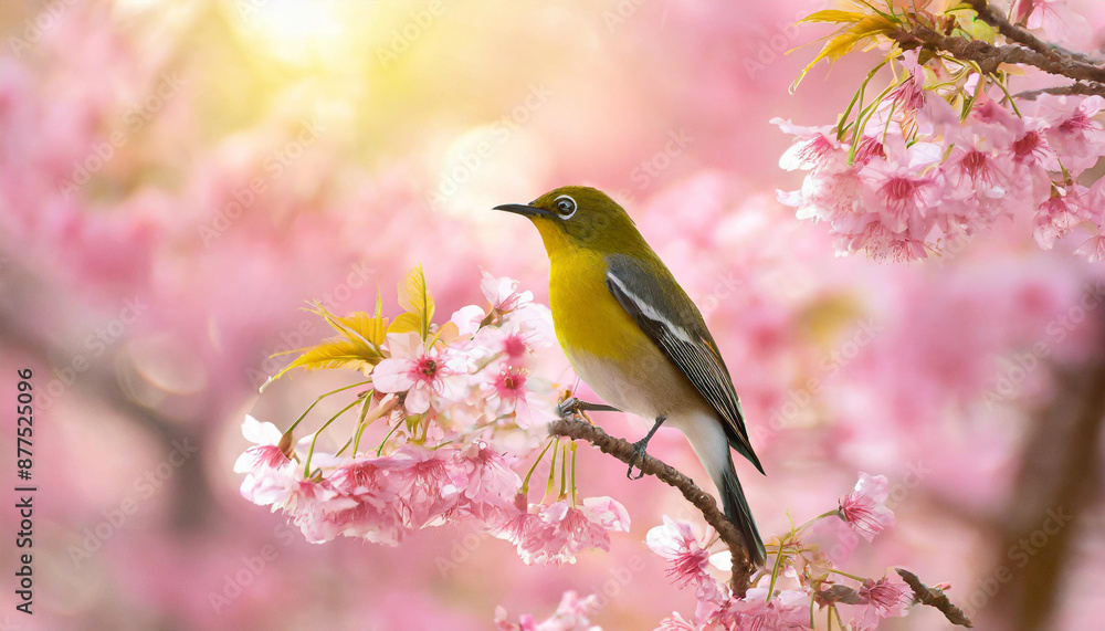 Flock of birds are singing happily on the branches of a tree with spring flower blossoms and sun light , spring season background Flock of birds are singing happily on the branches of a tree with spring flower blossoms and sun light , spring season background