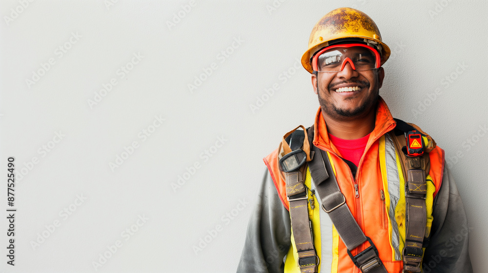 Fototapeta premium A telephoto angle photo of a construction worker in full safety gear, smiling confidently against a white wall, promoting the importance of safety and health in the workplace, envi