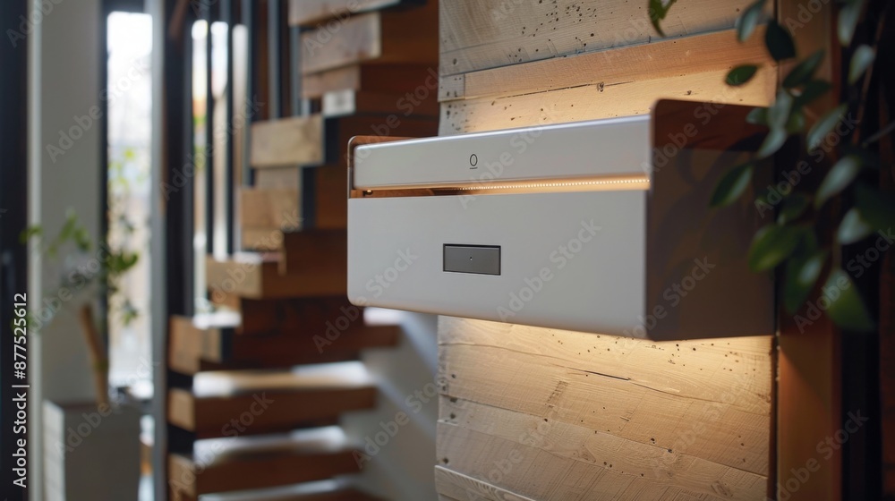 A modern, white light fixture is mounted to a wooden wall in a contemporary home. The light fixture has a sleek design and emits a soft, warm glow. A modern, white light fixture is mounted to a wooden wall in a contemporary home. The light fixture has a sleek design and emits a soft, warm glow.