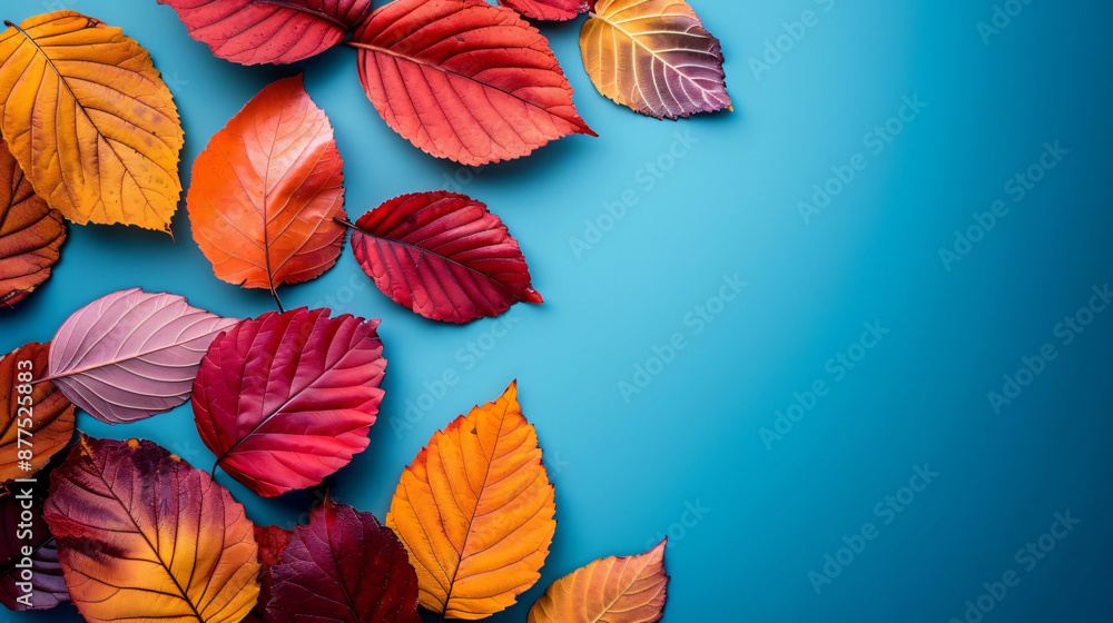 Fototapeta premium Assorted autumn leaves placed on a blue background