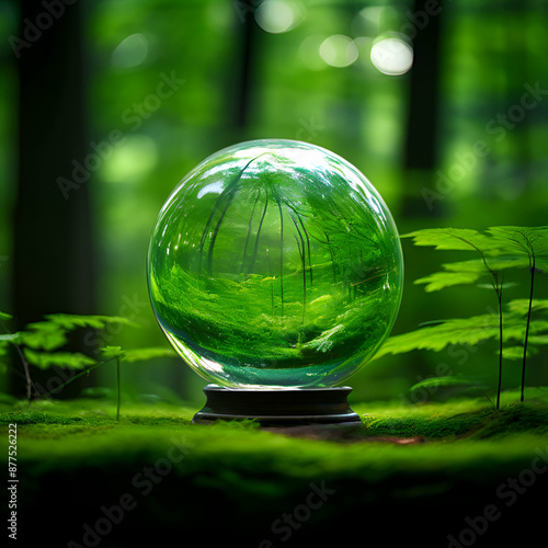 Glass globe in green forest Technology Environment, society, and governance for sustainable business on green company Concept