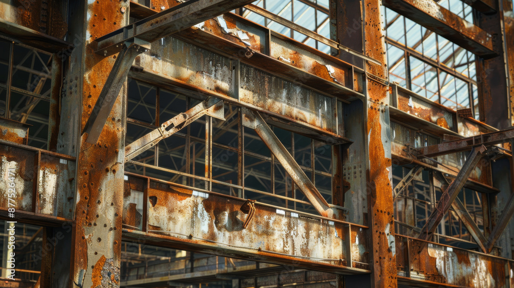 Rusty steel beams of an old industrial building stand tall and weathered, with sunlight piercing through the metal framework. Rusty steel beams of an old industrial building stand tall and weathered, with sunlight piercing through the metal framework.