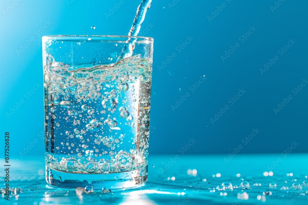 Crystal clear cold water pouring into glass beaker with stunning illumination on blue background Crystal clear cold water pouring into glass beaker with stunning illumination on blue background