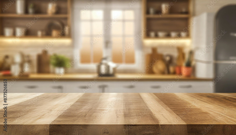 Wooden table on blurred kitchen bench background. Empty wooden table and blurred kitchen background Wooden table on blurred kitchen bench background. Empty wooden table and blurred kitchen background