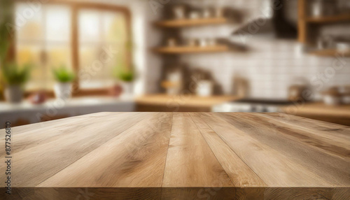 Wooden table on blurred kitchen bench background. Empty wooden table and blurred kitchen background