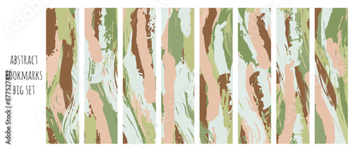 Big set of 8 bookmarks colorful templates. Abstract nature color brush stroke elements. Classical rectangular bookmarks. Abstract illustration. Isolated on white background. Bookmarks set for reading.