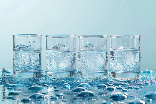 Four Glasses of Water with Splashing Effects and Bubbles