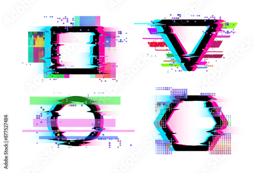 Geometric shapes in colorful glitch style vector illustration set