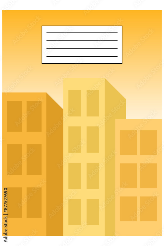 Modern abstract yellow monochrome poster with buildings in minimalism. Cover design vertical A4 format. Isolated on white background. Bright colorful backgrounds for notebook printing. Modern abstract yellow monochrome poster with buildings in minimalism. Cover design vertical A4 format. Isolated on white background. Bright colorful backgrounds for notebook printing.
