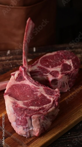 dropping tomahawk steak on cutting board 