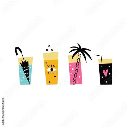 Vector illustraion with funny summer cocktalis on white background. 