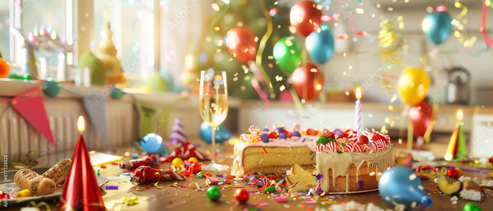 A festively decorated table featuring a birthday cake with candles, balloons, confetti, and a bright, celebratory ambiance. A festively decorated table featuring a birthday cake with candles, balloons, confetti, and a bright, celebratory ambiance.