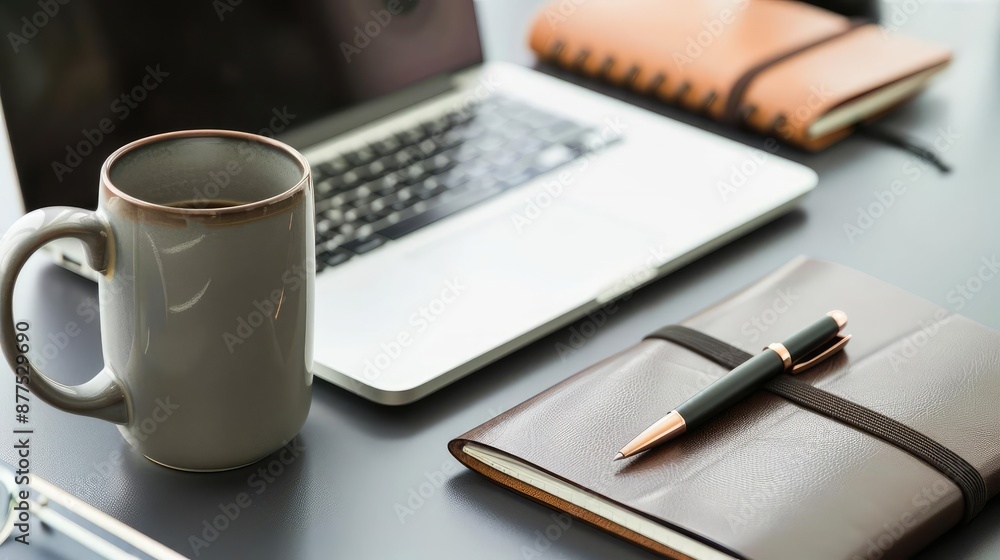 Aerial shot of a creative professional's desk with a ceramic coffee mug Aerial shot of a creative professional's desk with a ceramic coffee mug