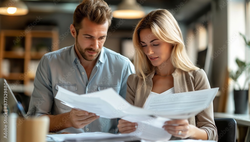 A man and a woman, immersed in their work, are closely reviewing documents together in a modern office setting, creating a focused and professional atmosphere. A man and a woman, immersed in their work, are closely reviewing documents together in a modern office setting, creating a focused and professional atmosphere.