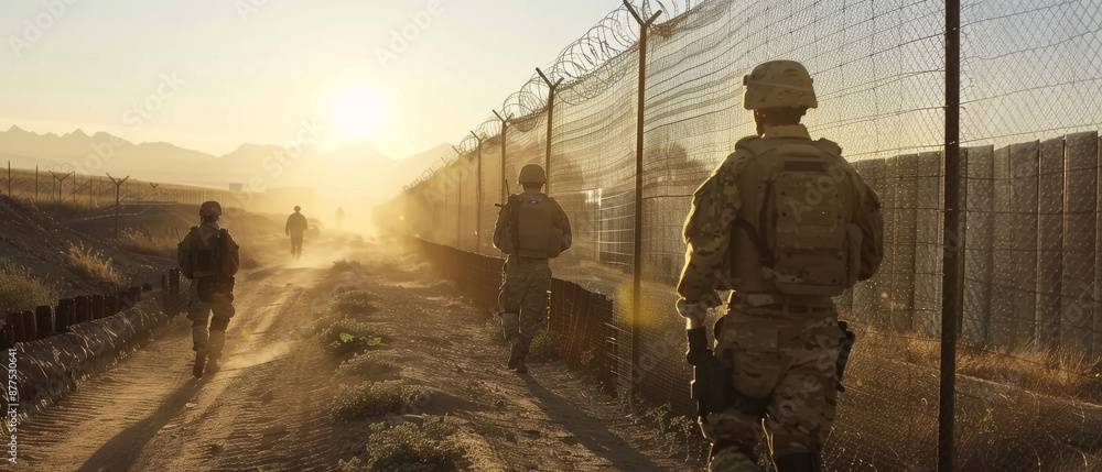 Fototapeta premium Soldiers walk along a dusty path bordered by a wire fence, silhouetted by the setting sun and casting long shadows, representing endurance and duty.