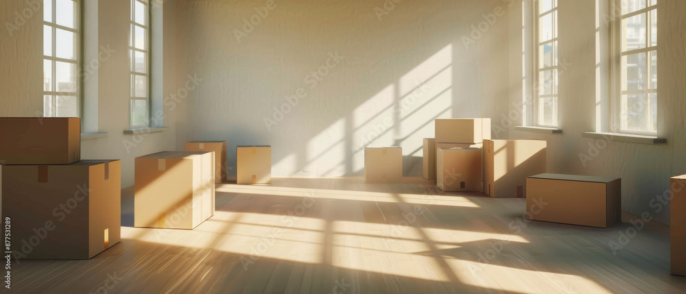 An empty, sunlit room filled with moving boxes, suggesting a fresh start or recent move, with large windows revealing a bright day outside. An empty, sunlit room filled with moving boxes, suggesting a fresh start or recent move, with large windows revealing a bright day outside.