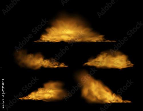 Orange ground smoke or fog cloud fog cloud scattering trail vector set, mist or smog, vapor gases, steam spray on black