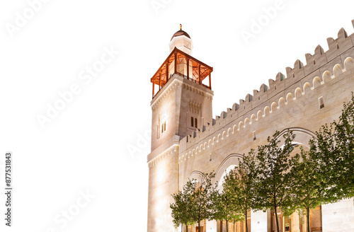 King Hussein Bin Talal mosque in Amman (at night), Jordan. On white background