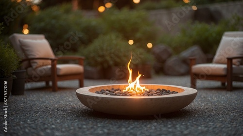 A serene evening outdoor fire pit surrounded by two cozy chairs, perfect for relaxation and warmth.