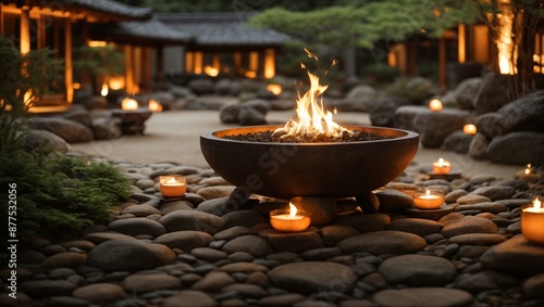 A peaceful Zen garden featuring a lit fire pit with surrounding candles creating a tranquil nighttime ambiance.