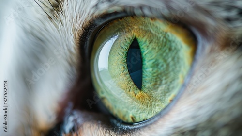 Close Up Macro View of Green Cat s Eye on White Background photo