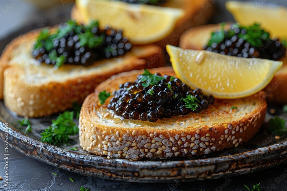 A plate of caviar on buttered toast, garnished with lemon wedges and fresh parsley. A plate of caviar on buttered toast, garnished with lemon wedges and fresh parsley.