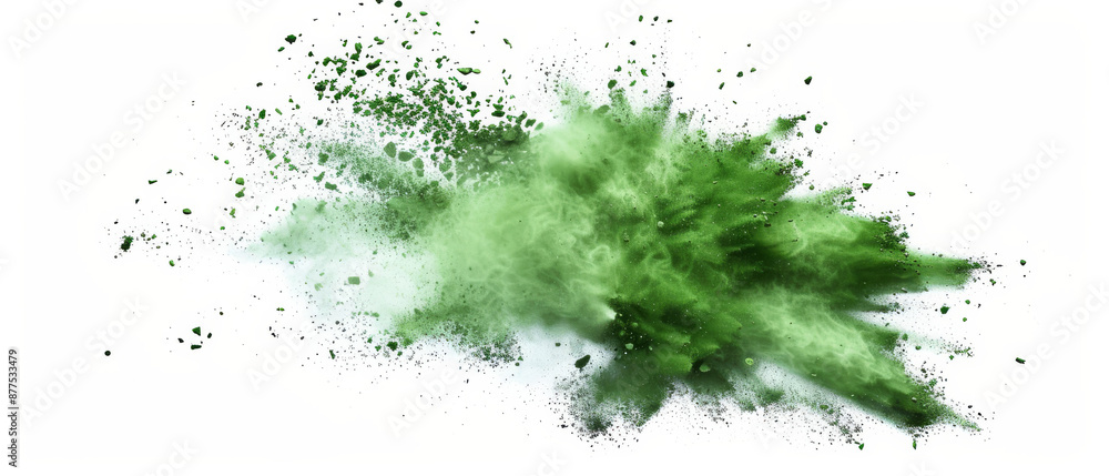 A scattering of green powder particles spread out against a white backdrop, capturing the sense of motion and energy in a suspended moment. A scattering of green powder particles spread out against a white backdrop, capturing the sense of motion and energy in a suspended moment.