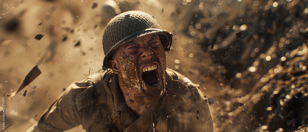 A soldier grimaces in a moment of intense struggle, face covered in mud, surrounded by chaos and dirt of a battlefield, embodying raw emotion and bravery. A soldier grimaces in a moment of intense struggle, face covered in mud, surrounded by chaos and dirt of a battlefield, embodying raw emotion and bravery.