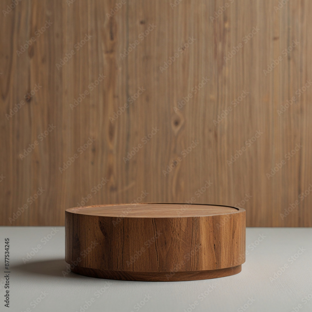 Wooden podium on a wooden background for product presentation. Mockup of an empty showcase pedestal. Wooden podium on a wooden background for product presentation. Mockup of an empty showcase pedestal.