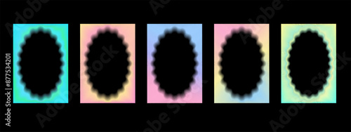Set of rectangular gradient frames with wavy oval inner borders with blur.  Retro frames with zigzag edges. Decorative design elements, for cards, photos. Vector illustration on black background