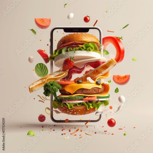 Wallpaper Mural A Burger Exploding From a Smartphone Screen Torontodigital.ca