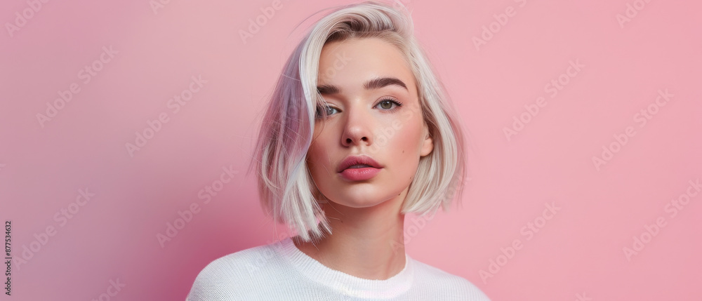 A stylish young woman with platinum blonde hair poses against a pink background, exuding elegance and modernity. A stylish young woman with platinum blonde hair poses against a pink background, exuding elegance and modernity.