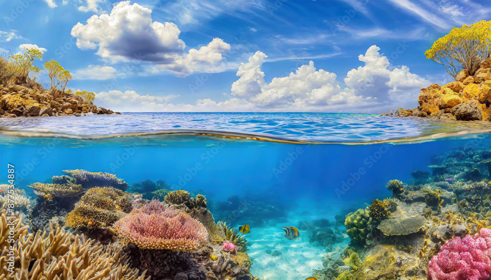 Above and below surface of the Caribbean sea with coral reef underwater and a cloudy blue sky. Above and below surface of the Caribbean sea with coral reef underwater and a cloudy blue sky.