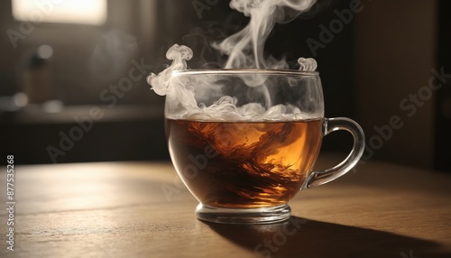 A steaming cup of iced coffee on a wooden tabletop