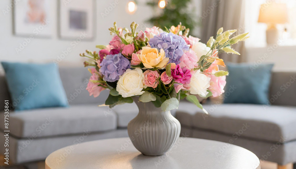 Vase with huge multicolor various flower bouquet on the coffee table with blurred background of modern cozy light living room with gray couch sofa. Giving flowers. Mother's day, birthday gift. Vase with huge multicolor various flower bouquet on the coffee table with blurred background of modern cozy light living room with gray couch sofa. Giving flowers. Mother's day, birthday gift.